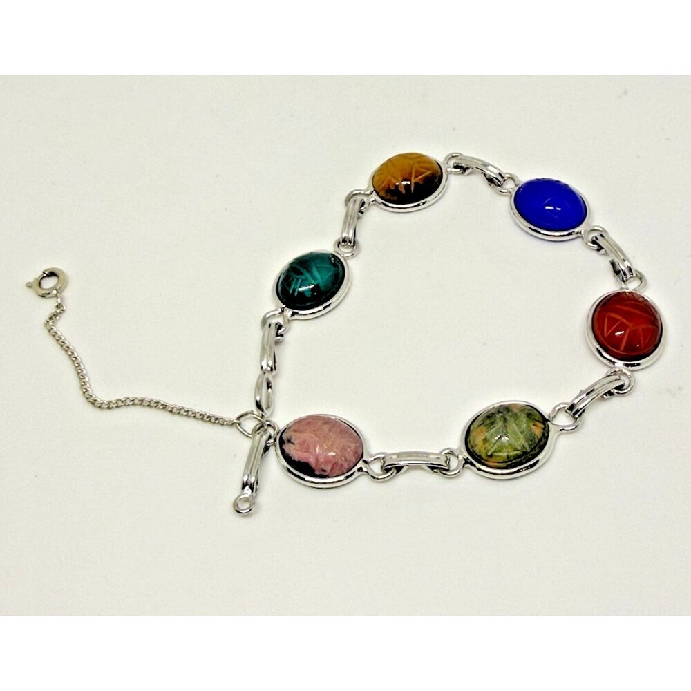 Vintage Egyptian Scarab Bracelet Signed A&Z Ster 6 Carved Stones Rare - Picture 3 of 16